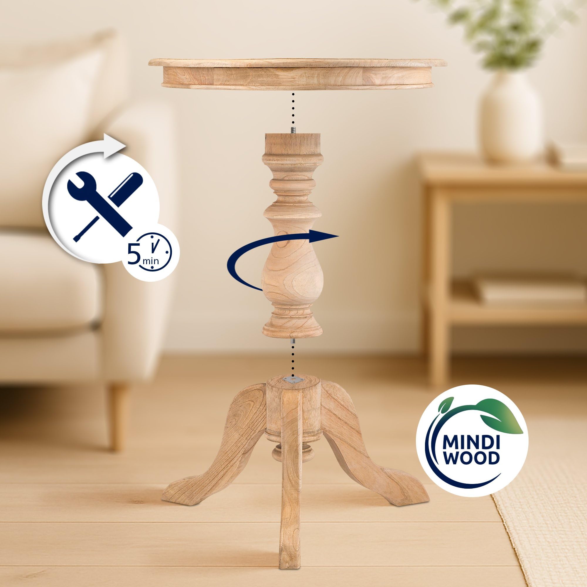 CLP Table d'appoint Wiva en Bois Rond, Table de Salon de 50 cm de diamètre pour Salle de séjour et Salle à Manger, Bois de Mindi, Couleur:Nature