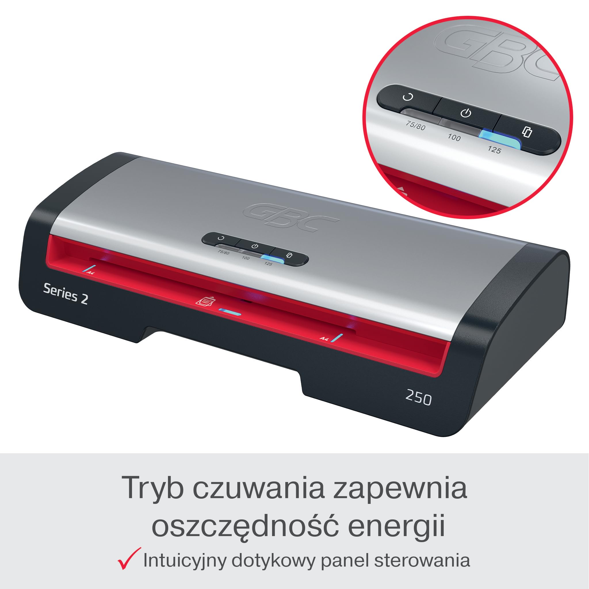 GBC 250 Office Laminator A4 – Nagrzewanie w 1 minutę, 75–125 mikronów, diody LED prowadzące, funkcja przeciw zacięciom, auto wyłączanie, zawiera 5x folii A4, czarno-czerwony, 4410070EU