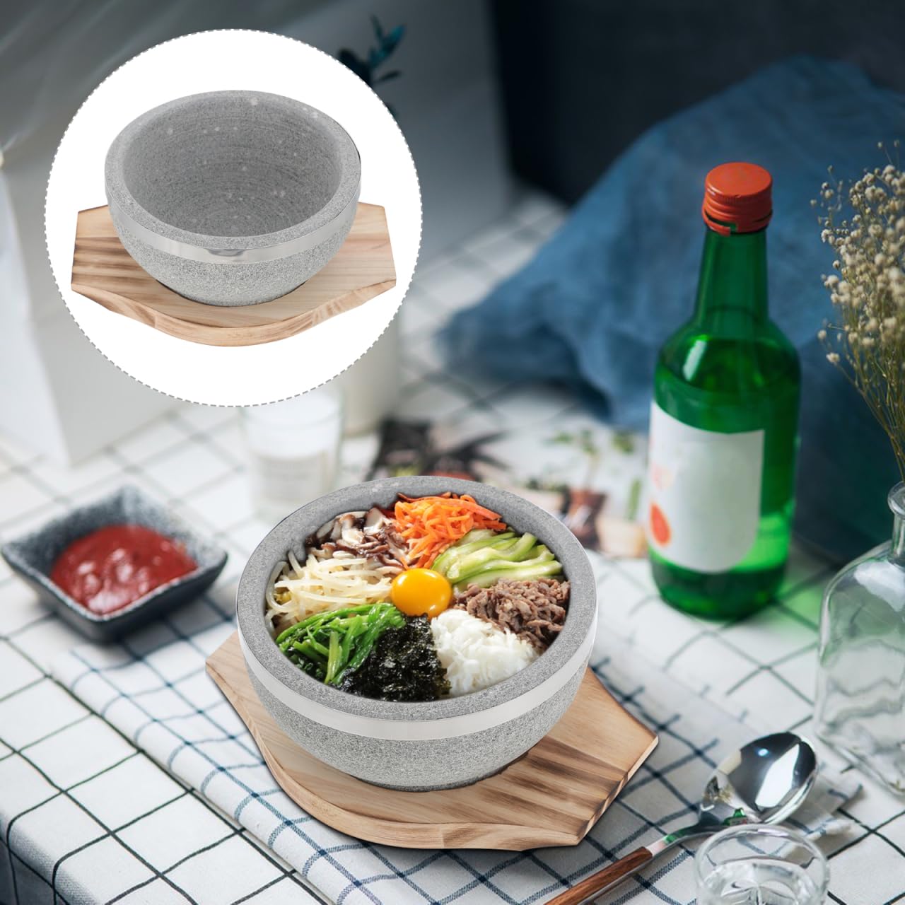 STOBAZA Tazón de piedra coreano con bandeja de madera 7.09X5.51X2.56 pulgadas para sopa Bibimbap plato de piedra de arroz para mantener caliente y servir en la cocina