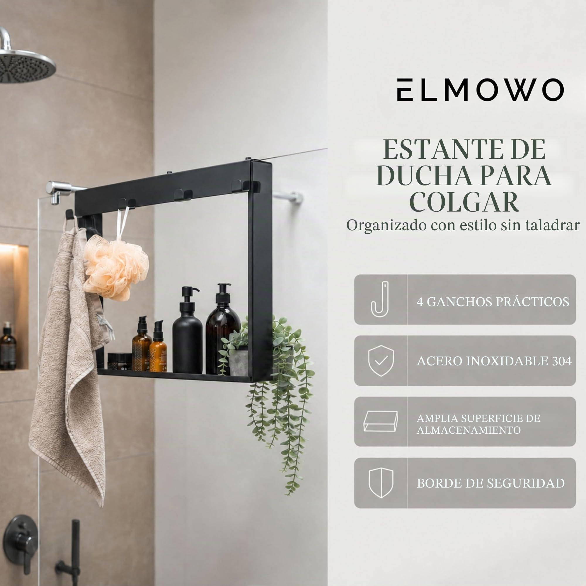 Estantería de ducha de acero inoxidable para colgar sin taladrar para puerta/pared de vidrio - Estantería de ducha para colgar con 4 ganchos - Estante para mampara de ducha de vidrio como