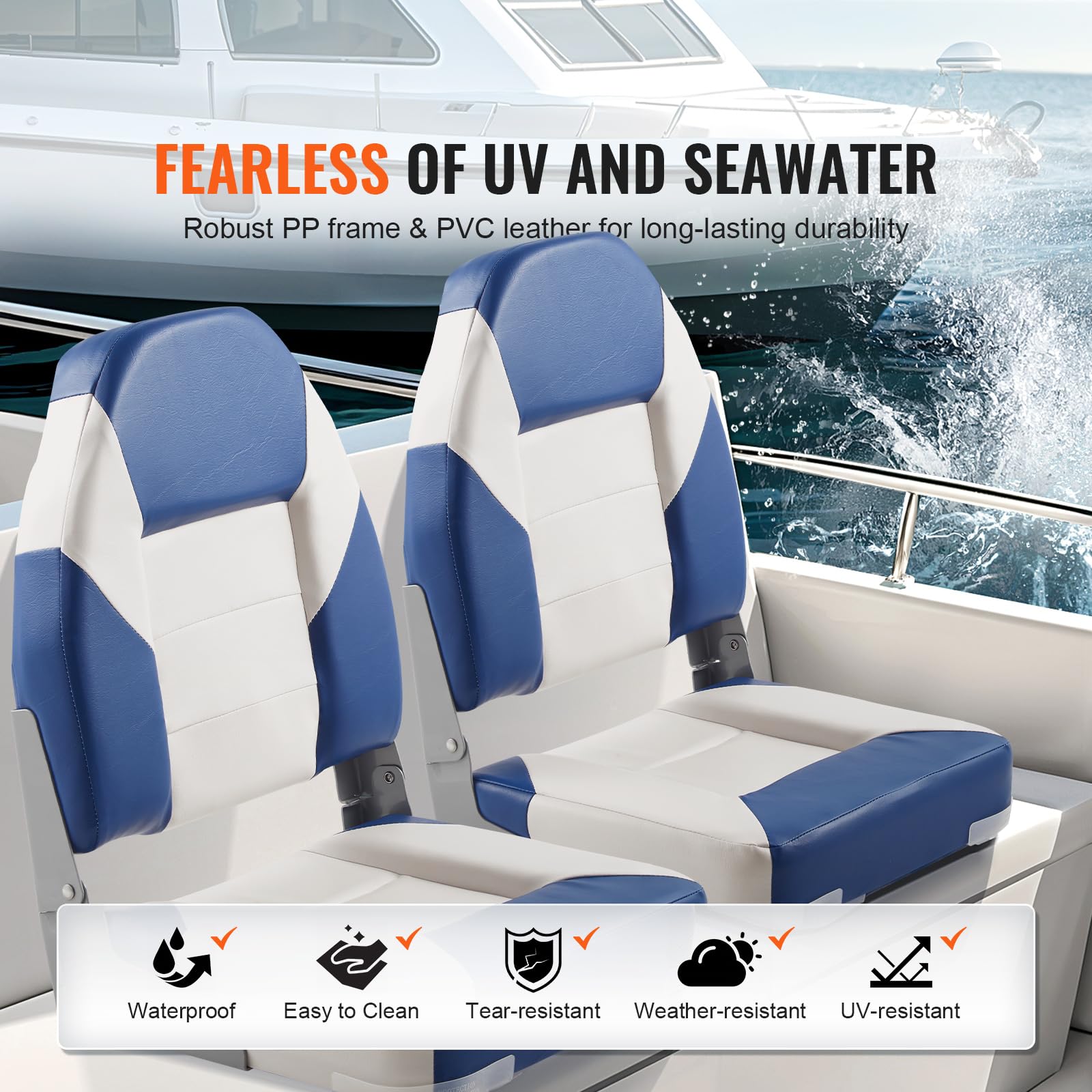 VEVOR Asiento Plegable para Barco con Respaldo Alto 2 Piezas 505 x 430 x 555 mm, Silla Plegable Impermeable con Acolchado de Esponja Gruesa y Bisagra, para Lanchas Rápidas, Barcos de Pesca, Canoas
