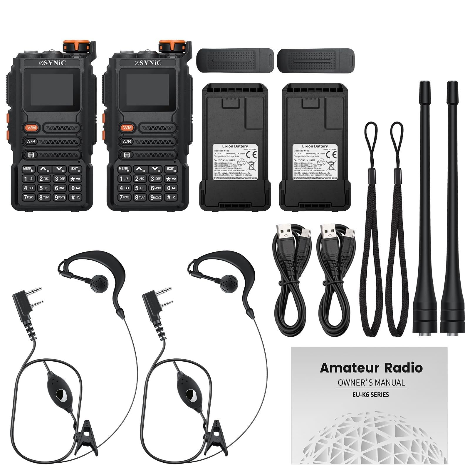 eSynic 2PCS Walkie Talkie Profesional, Walkie UV5R Pro de Largo Alcance 5km con VOX, 999 Canales VHF & UHF Banda, Carga USB C Compatible con Pantalla LCD DTMF FM de Doble Banda