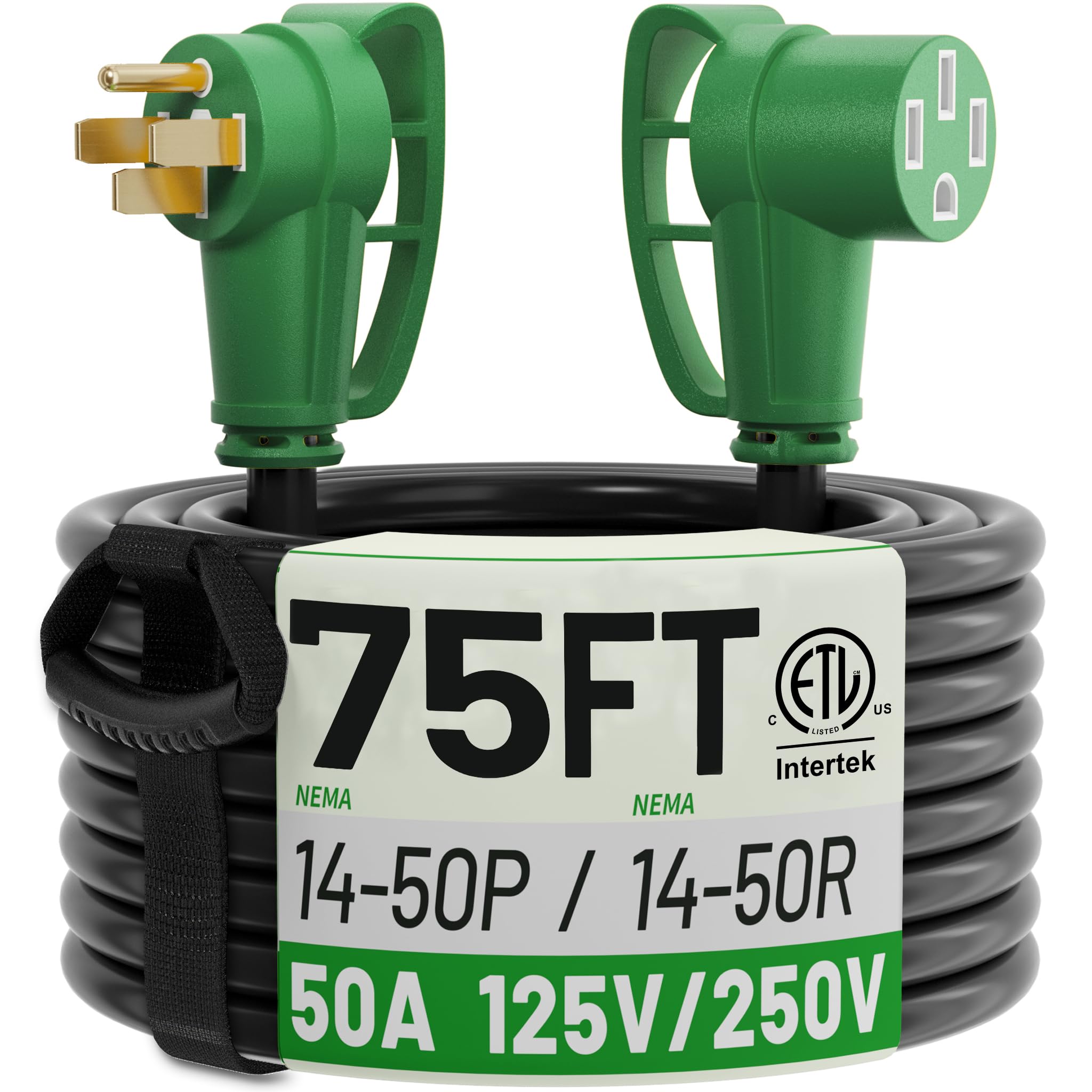 POWGRN NEMA 14-50P to 14-50R 75 FT 50 Amp RV/EV Extension Cord Outdoor