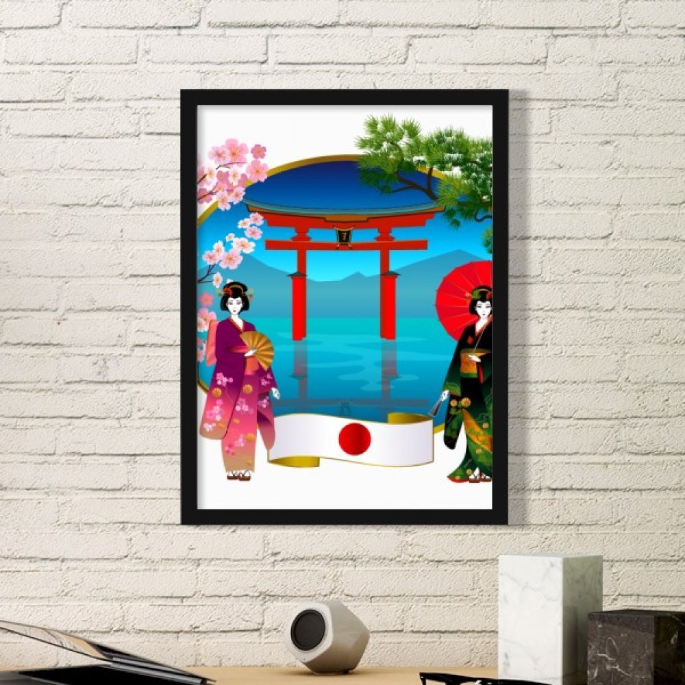Cadre photo Japon kimono et fleurs de cerisier sakura pour décoration murale asiatique