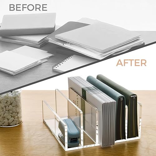 Miniatura 8 de Soporte de correo de acrílico transparente con 5 compartimentos, clasificador vertical de letras y organizador de escritorio multifunción para