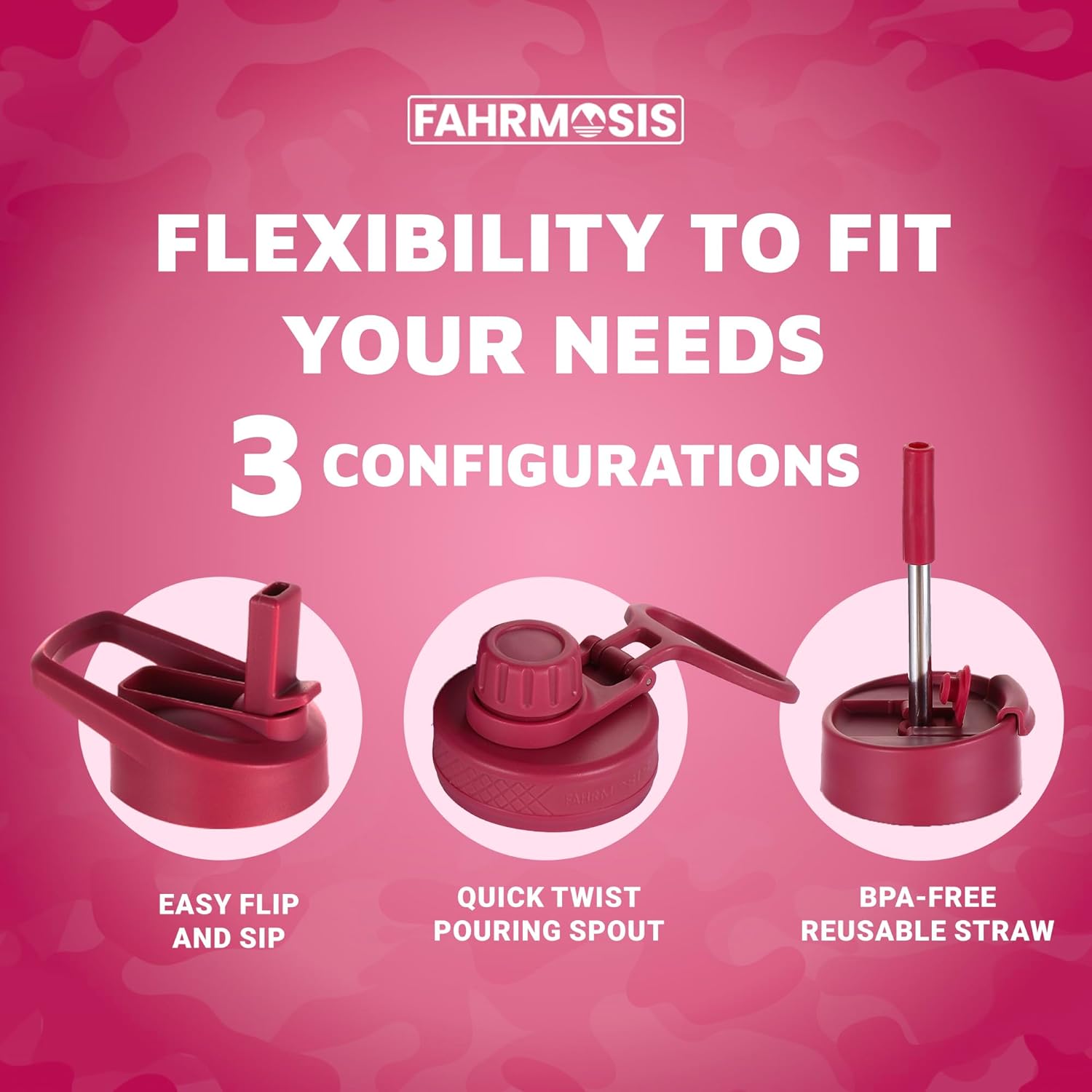 64 Oz Insulated Water Bottle with Strap Stainless Steel Sports Water Bottle with 3 Lids (Straw, Chug and Flip Lid) Leak Proof Metal Half Gallon Jug for Men & Women - Red Fusion - Image 4