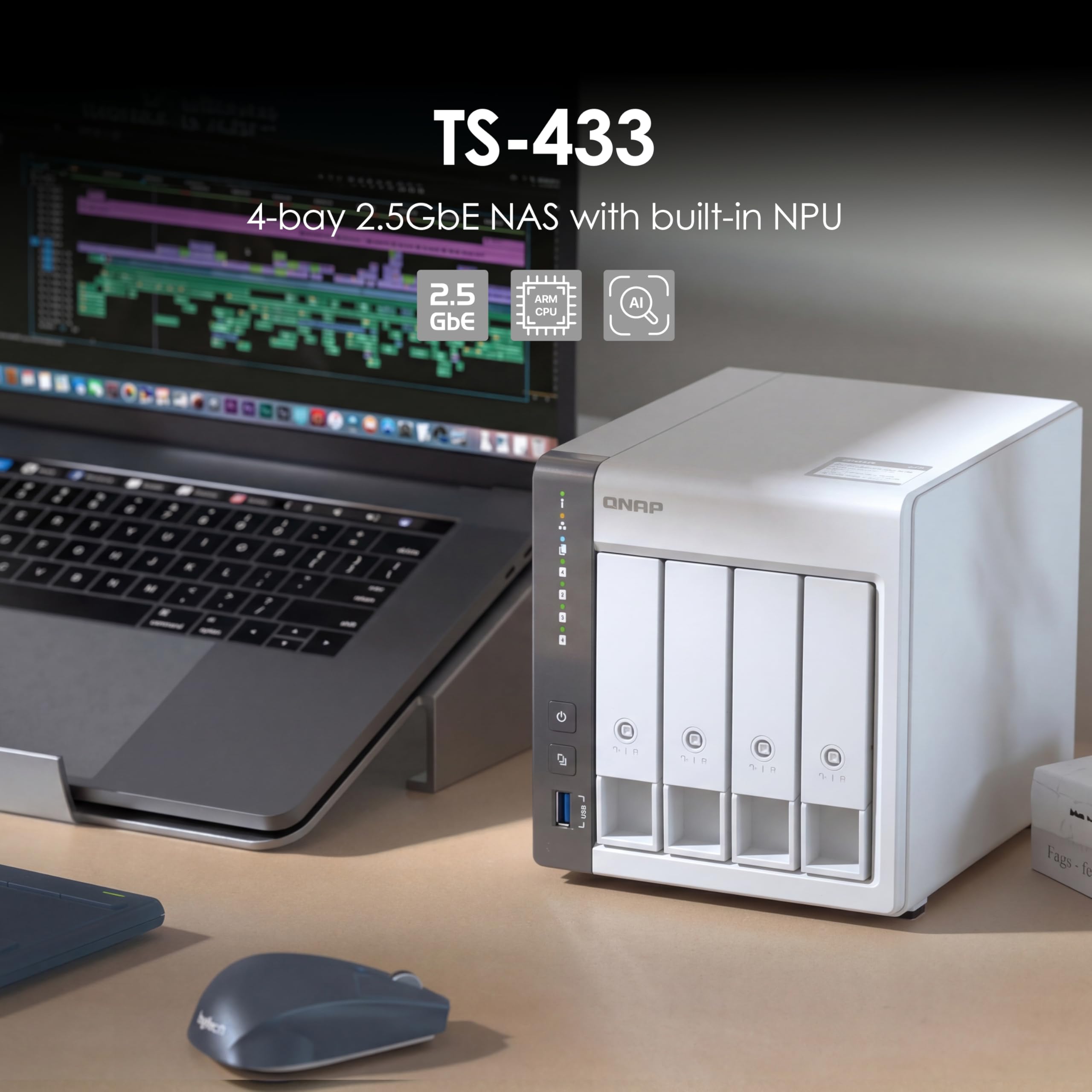 QNAP TS-433-4G-US 4 Bay NAS con processore quad-core, 4 GB di RAM DDR4 e rete 2.5GbE (senza disco)
