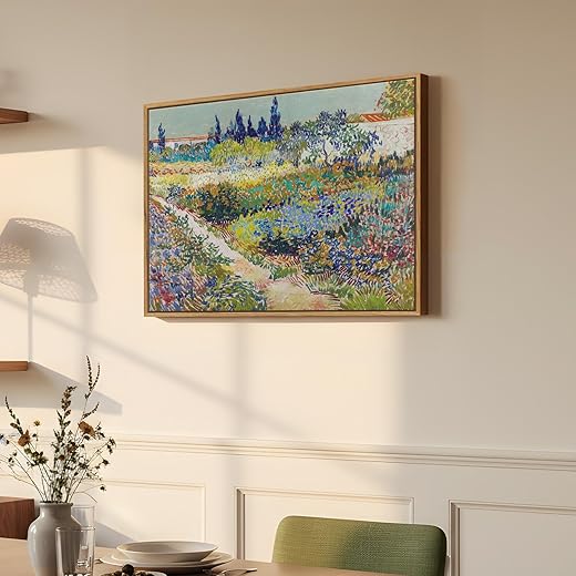 Framed Van Gogh Wall Art, Garden of the Asylum Canvas Print, Vintage Impressionist Landscape Painting with Flowers and Cypress Trees for Living Room Bedroom Office Wall Decor, 12x16 Inch
