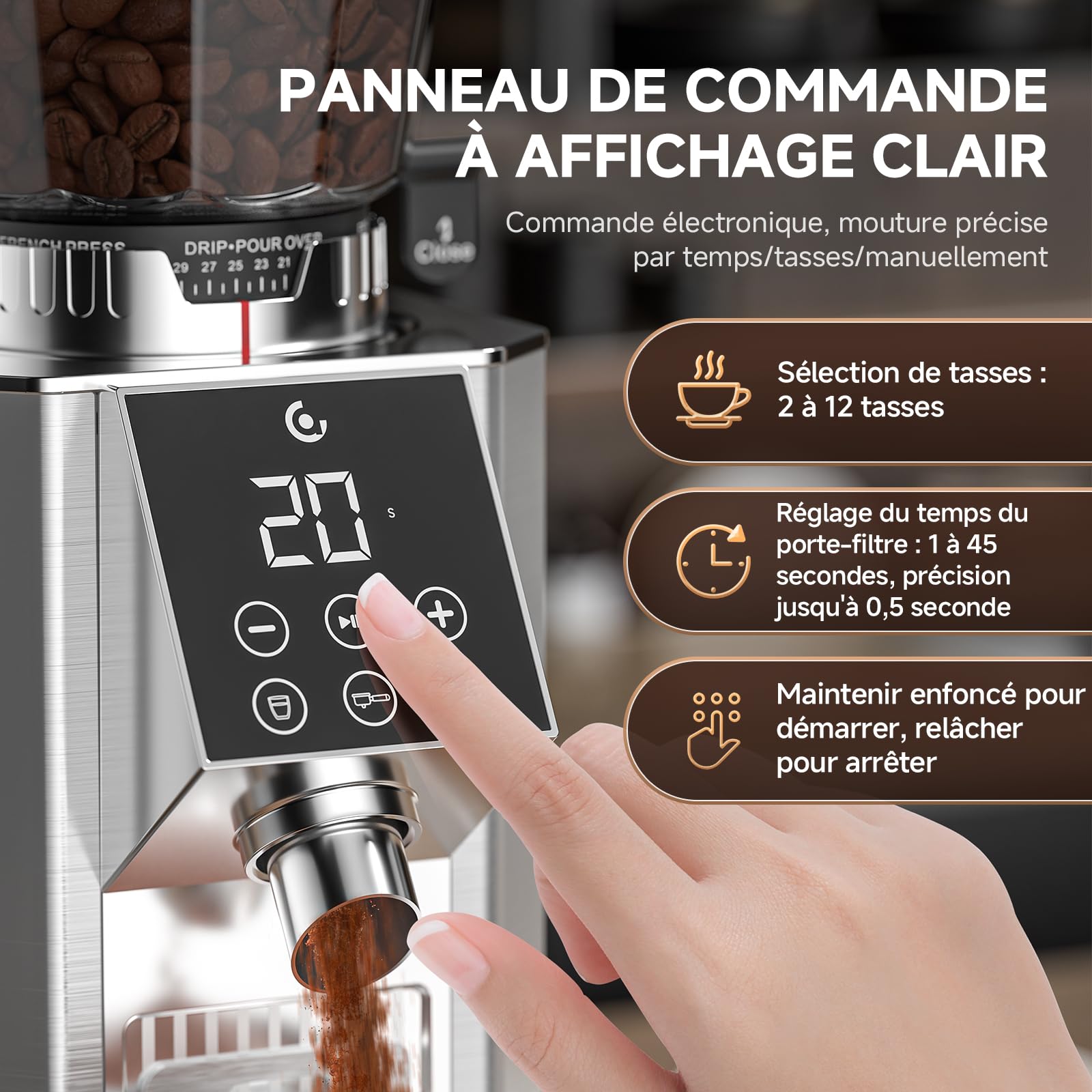 AMZCHEF Moulin à Café Électrique,45 Niveaux de Mouture, Meules Coniques en Acier Inoxydable 40mm, Corps en Acier, Support de Porte-filtre Réglable, Panneau de Contrôle Tactile LED