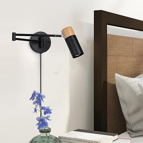 Miniatura 2 de Lámpara de pared con brazo oscilante y cable de enchufe para dormitorio, sala de estar, lámpara de lectura moderna nórdica montada en la pared,
