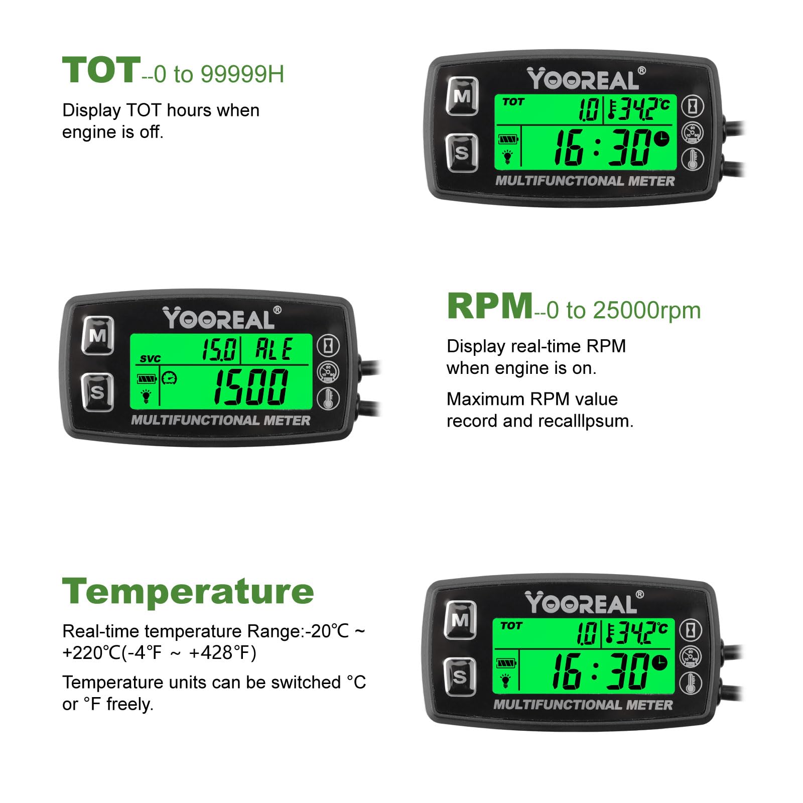 Yooreal Compteur horaire Tachymètre Jauge de température du moteur,Alerte TEMP,Arrêt de l’utilisateur,Sonde de température amovible pour scooter Motoneige Mini vélo Moto Tondeuse à gazon Générateur