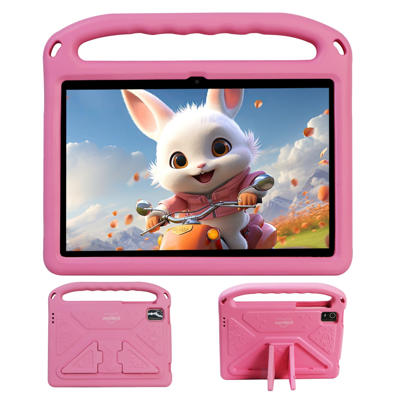 weelikeit Tablet per bambini aggiornato 2024 da 10 pollici Android 14 con custodia, 8 (4+4) GB di RAM 128 GB di ROM, Bluetooth WLAN, controllo bambini, schermo HD, batteria da 6000 mAh, rosa