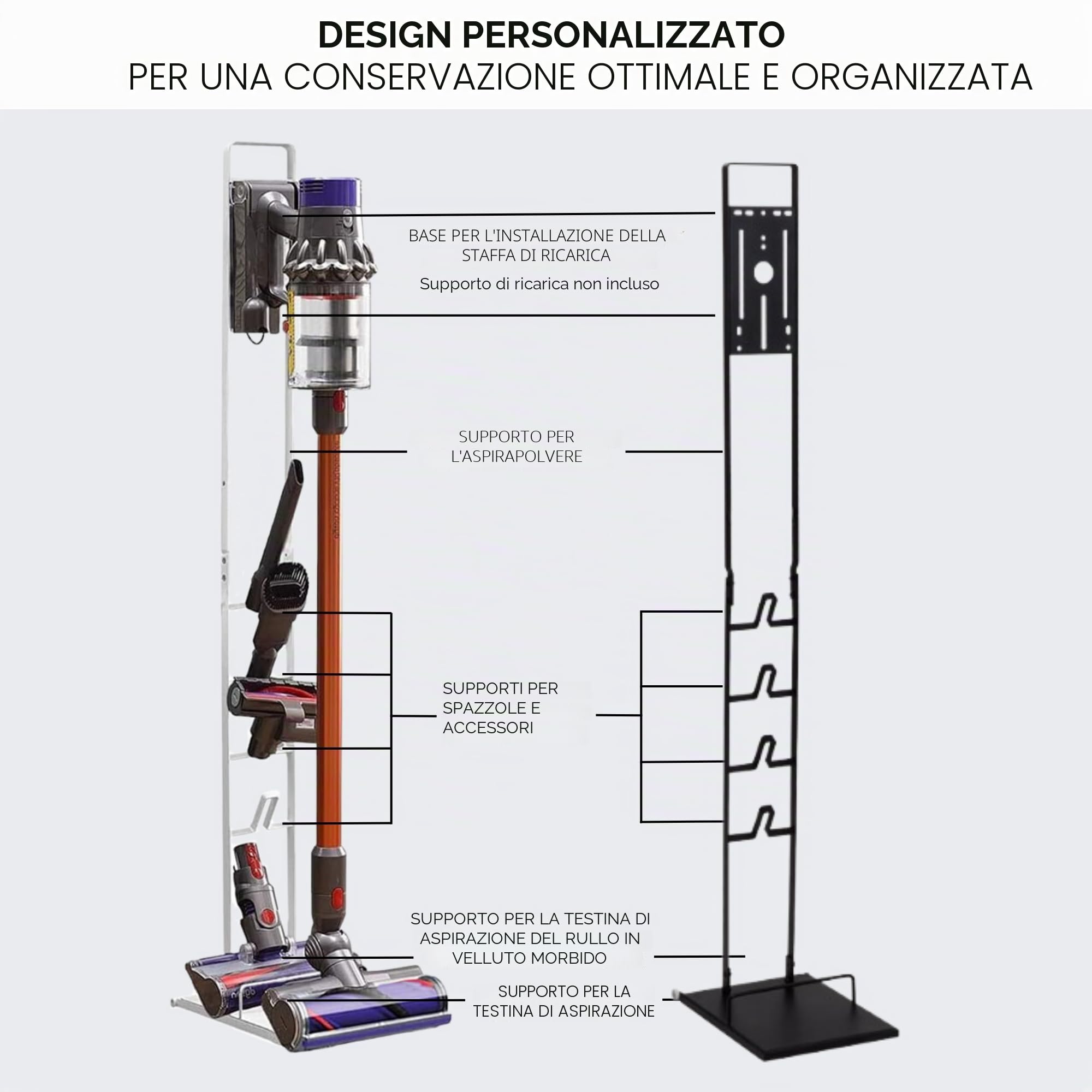 MAGIC SELECT Supporto per Aspirapolvere Compatibile con Dyson V15 V12 V11 V10 V8 V7 V6 - DC45/ DC35/ DC58/ DC59/ DC62/ DC74- Organizzatore da Pavimento con Ruote senza Forare il Muro.