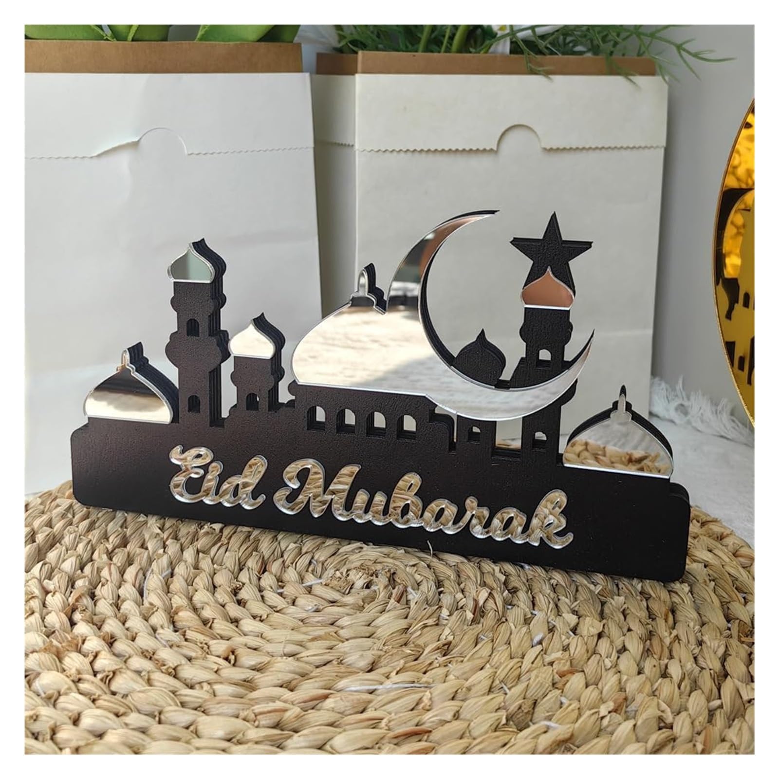 Ozdoby ramadanowe na domowy stół, Ramadan Kareem Dekoracja stołu Drewniana akrylowa dekoracja Eid Mubarak(Silver B,L)