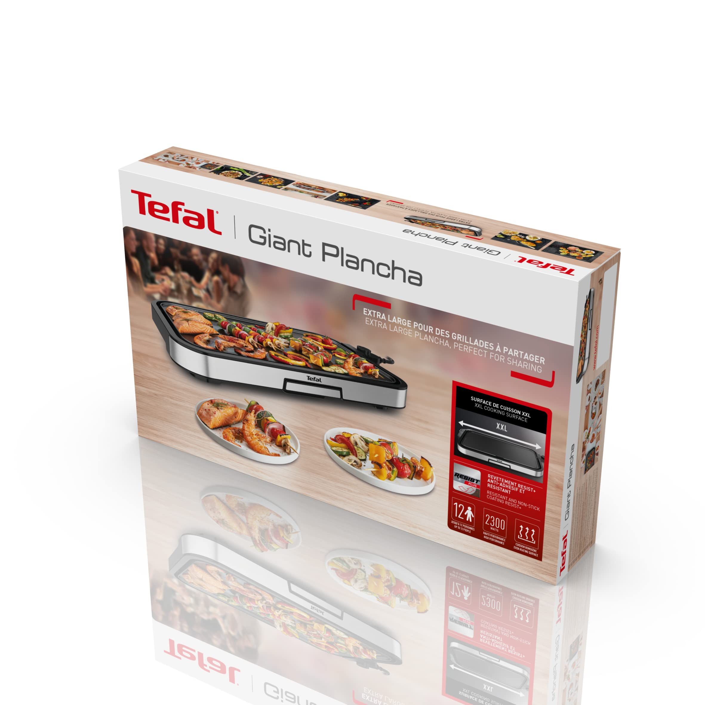 Tefal CB631D Giant Plancha Grill 12 persone, superficie XXL grill, rivestimento antiaderente, termostato regolabile, oil-free, cucina sana, facile da pulire, 2300 W,Acciaio inossidabile