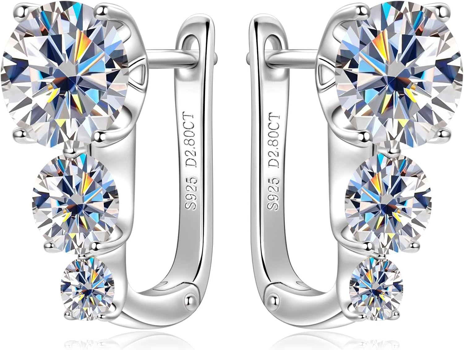 3-Stone Moissanite Hoop Earrings for Women, 5.6cttw D Color VVS1 Clarity 925 Sterling Silver U-Shaped Earrings for Wife Mom Birthday Holiday Jewelry Gifts