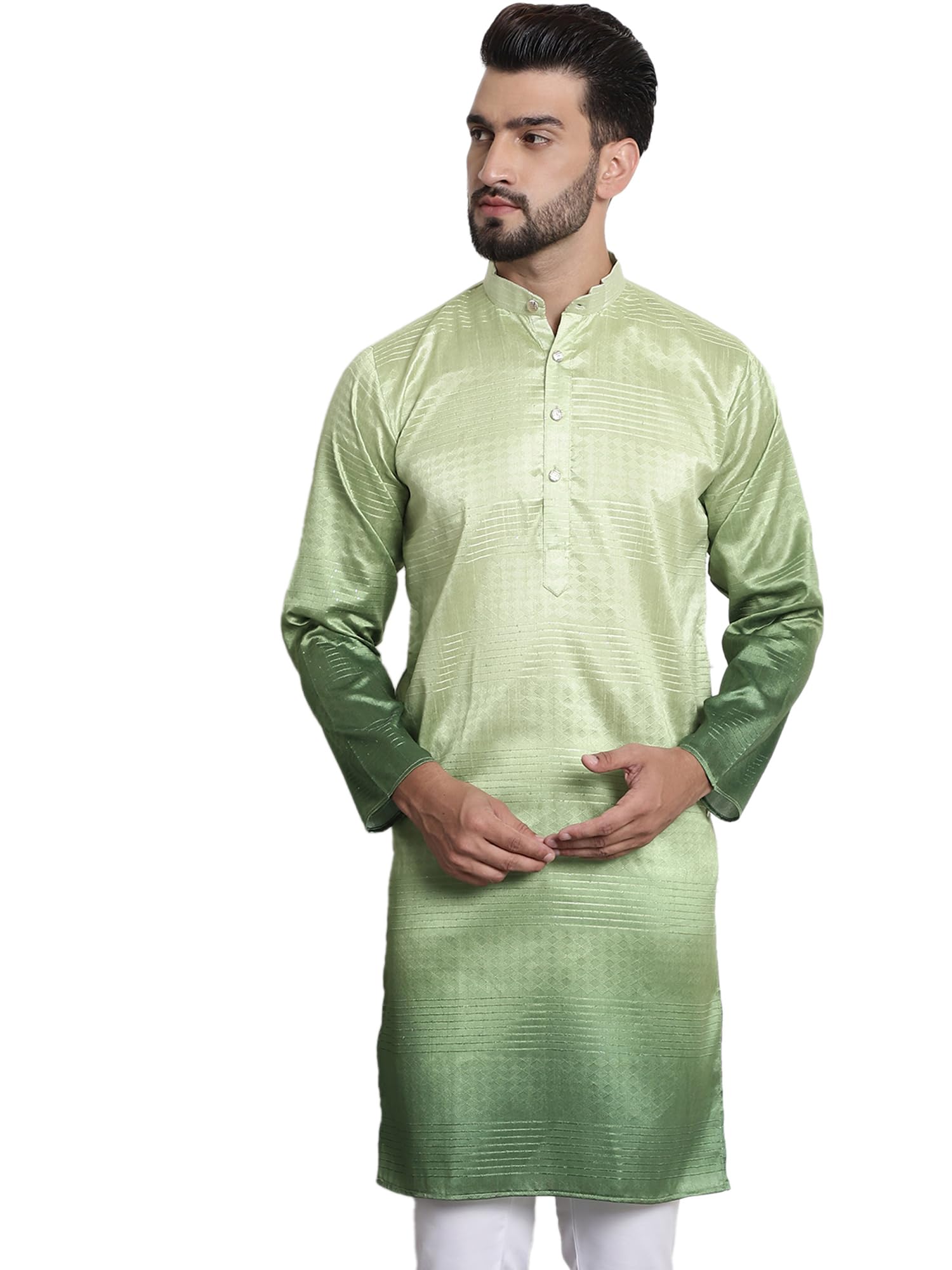 Sojanya (Since 1958 Men's Jacquard Silk Multi Shade Green Color Kurta With Sequence