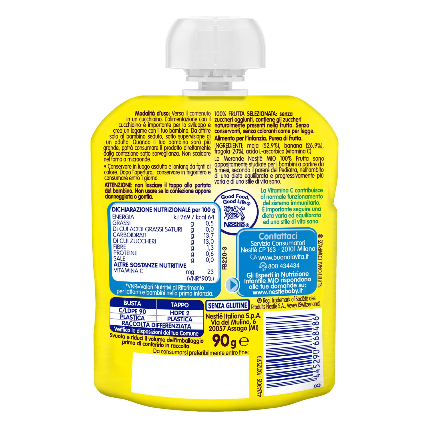 NESTLÉ MIO Merenda 100% Frutta Fragola Banana e Mela da spremere, 16 Pouch da 90ml (1,44L)