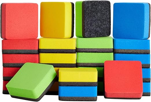 24 Pack Square Magnetic Mini Dry Erase Board Erasers for Teachers, Classroom Whiteboard, Bulk School Supplies, 4 Colors, 2x0.8 in - Mini Erasers
