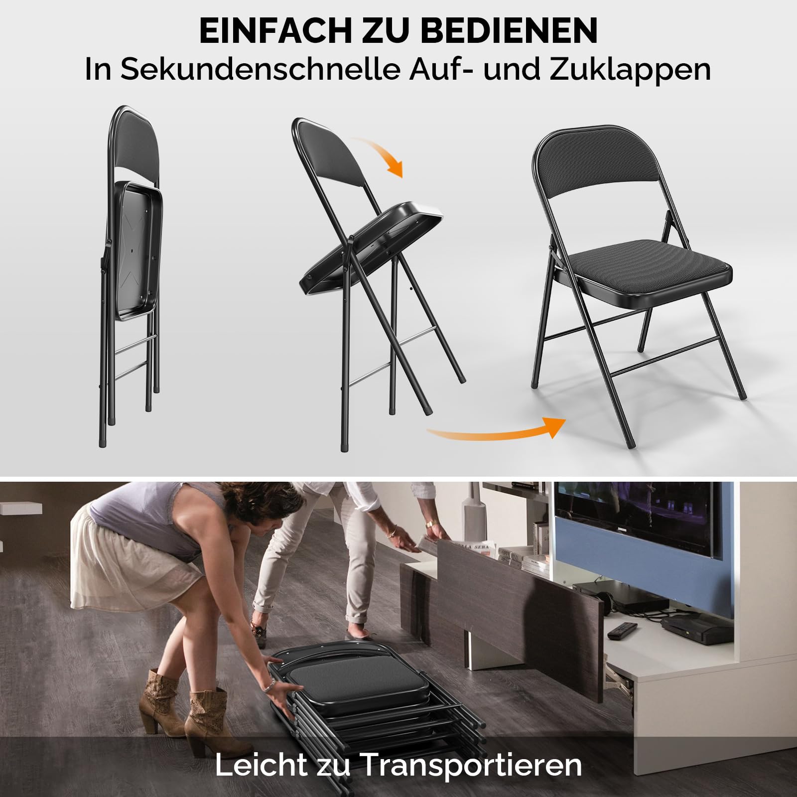 Bonnlo Klappstuhl 6er Set Stahl Stoff Gepolsterte Klappstühle Stabiler Stahlrahmen bis 159 kg Faltbarer Stuhl Schwarz