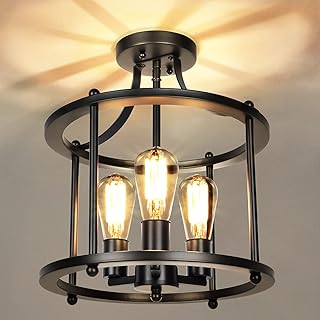 Farmhouse Semi Flush Mount Ceiling Light Fixture Black Industrial Kitchen Ceiling Lamp Rustic Vintage Ceiling Mount 3-Light Chandelier Lighting for Dining Room Hallway Entryway Bedroom Living Room