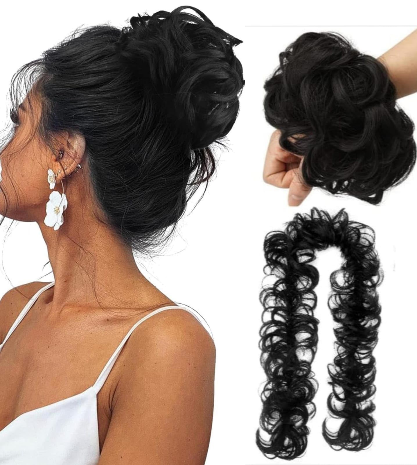 HAIR WALA™ Chignon Scrunchie, Synthetic Messy Hairs Ties, Elastic Hair Band, Wavy Frill Hair Bun for Women, Long Wrap, DIY Chignon Bendable Ponytails, Hair Extension, 36 Inch Long (Black)