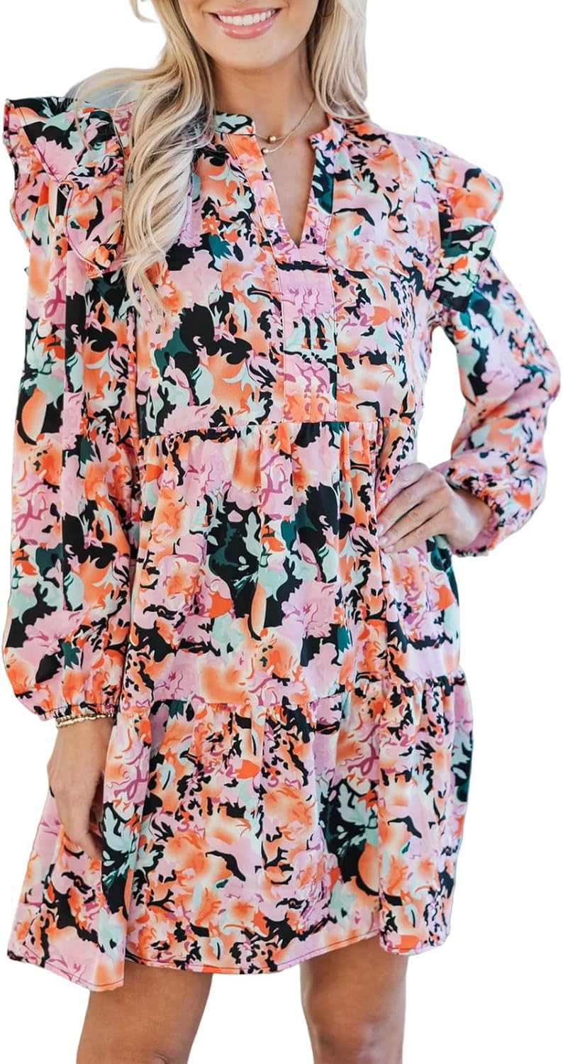 hibshaby Womens Casual Floral Mini Dress 2025 Fall Long Sleeve V Neck Babydoll Loose Boho Shirt Dresses