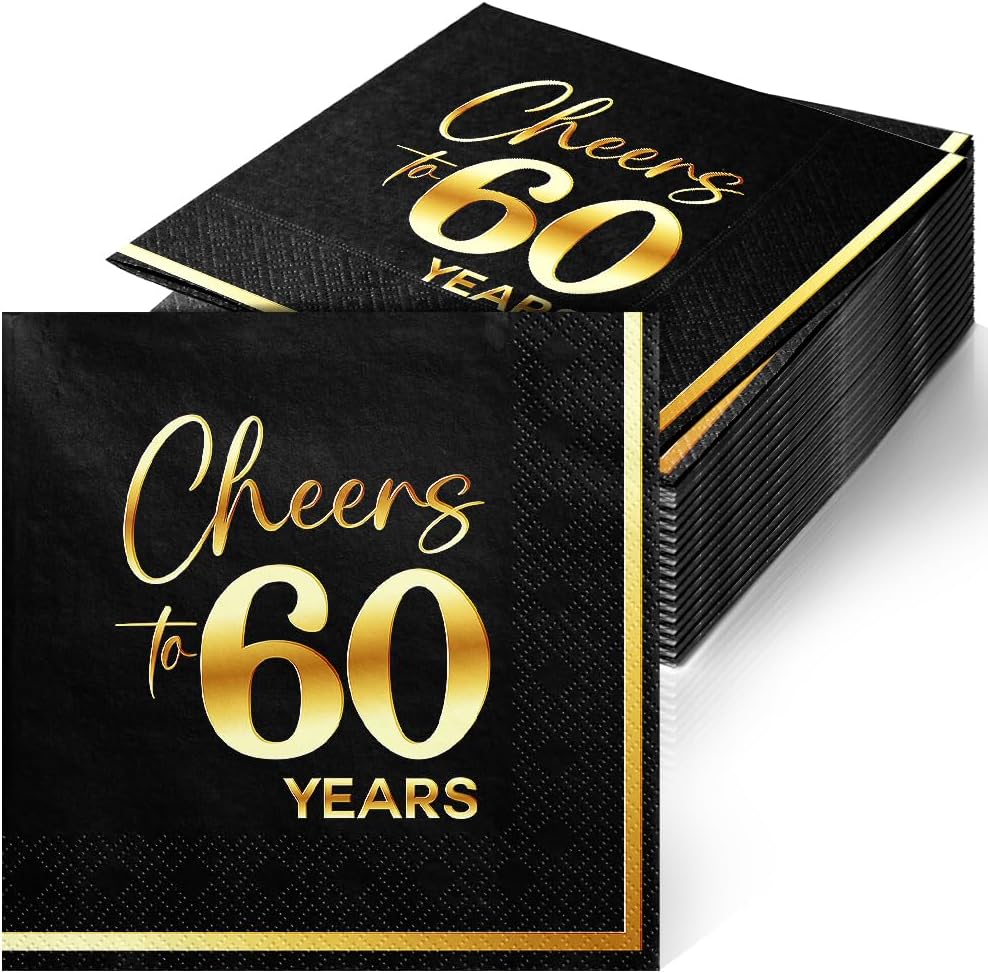 JOYGATHER Cheers to 60 Years - 50PCS Black & Gold Foil Cocktail Napkins, 3-Ply Disposable Paper 5x5 Inches 60th Birthday Napkins Decorations, Wedding, Anniversary, Party Men & Women