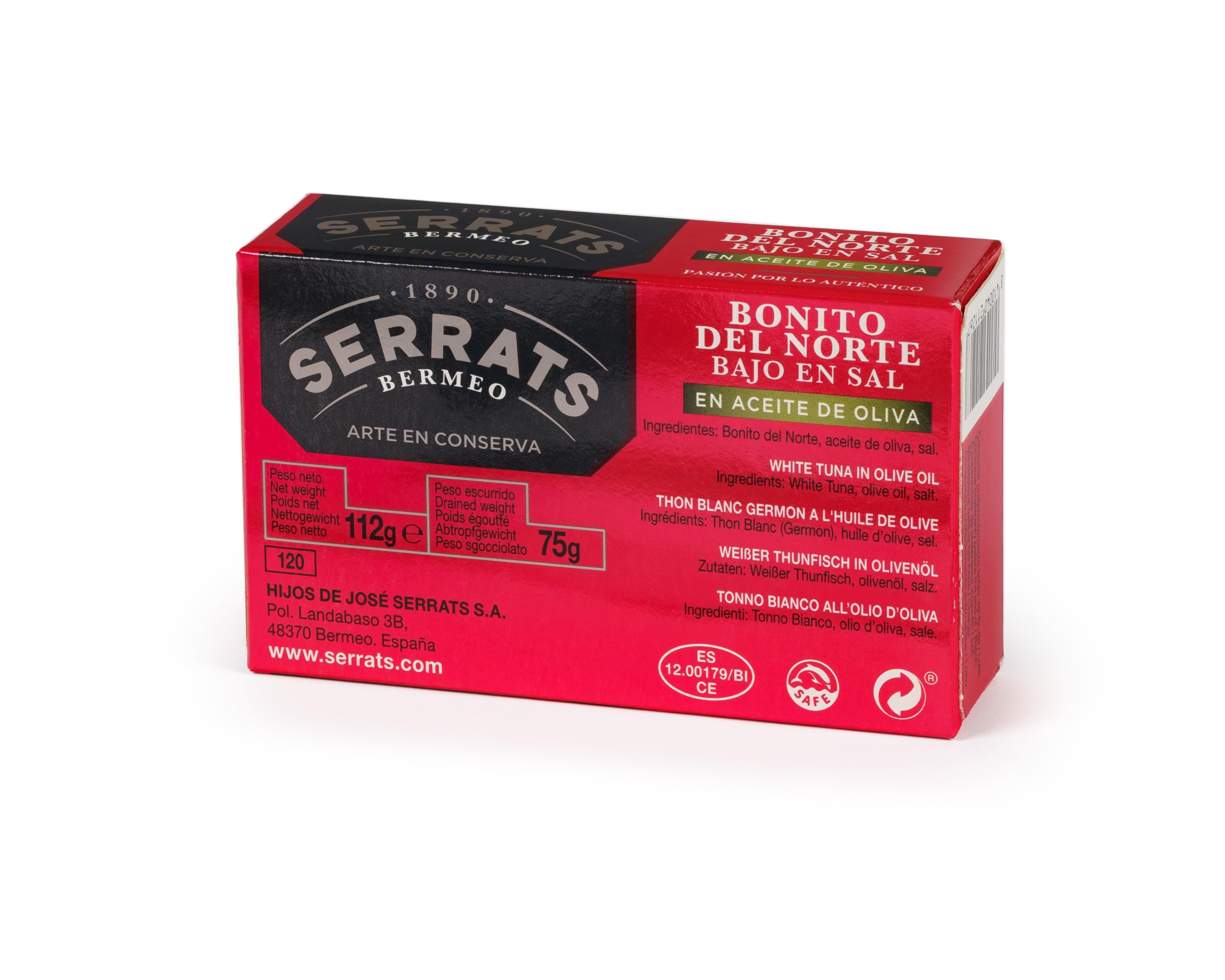 CONSERVAS SERRATS - Bonito del Norte del Cantábrico Bajo en Sal en Aceite de Oliva - 12 Latas x 112g (Total: 1344g) - Elaboración Artesanal desde 1890 - Sin Gluten - Rico en Omega 3 – Premium