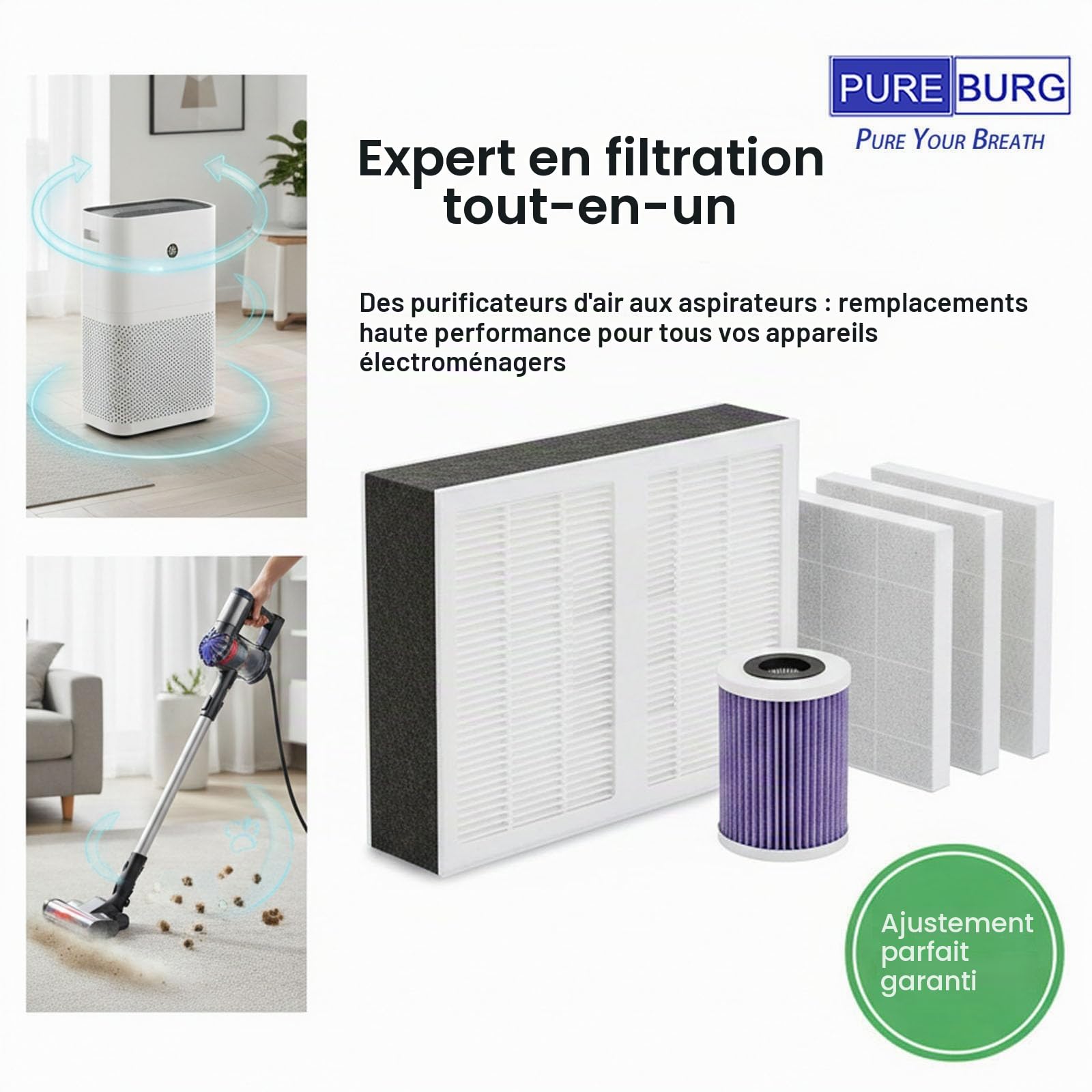 PUREBURG Filtre de rechange compatible avec le purificateur d'air AEG PURE 5000 & AX3 et Electrolux Flow A3 A3UV, charbon actif H13 True HEPA