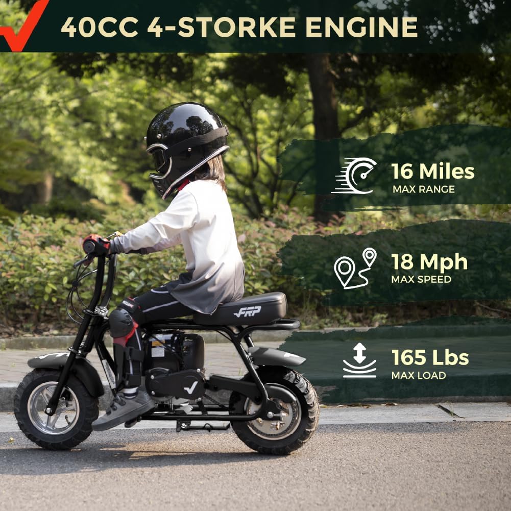 Child riding FRP Mini Bike, displaying key performance metrics: 16 miles max range, 18 mph max speed, 165 lbs max load