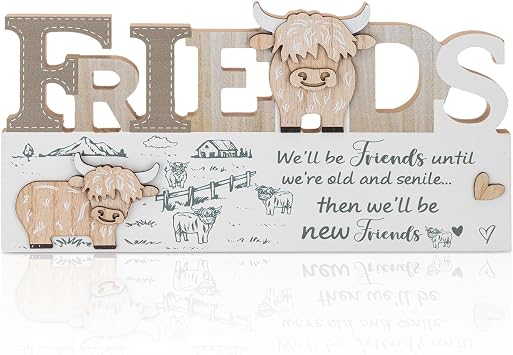 Highland Cow Wooden Plaque, Highland Cow Gifts with Friendship Slogan, Natural Home Decor, Thoughtful Friend Plaque for Best Friends, Women, House Warming, Living Room Display, Garden Sign