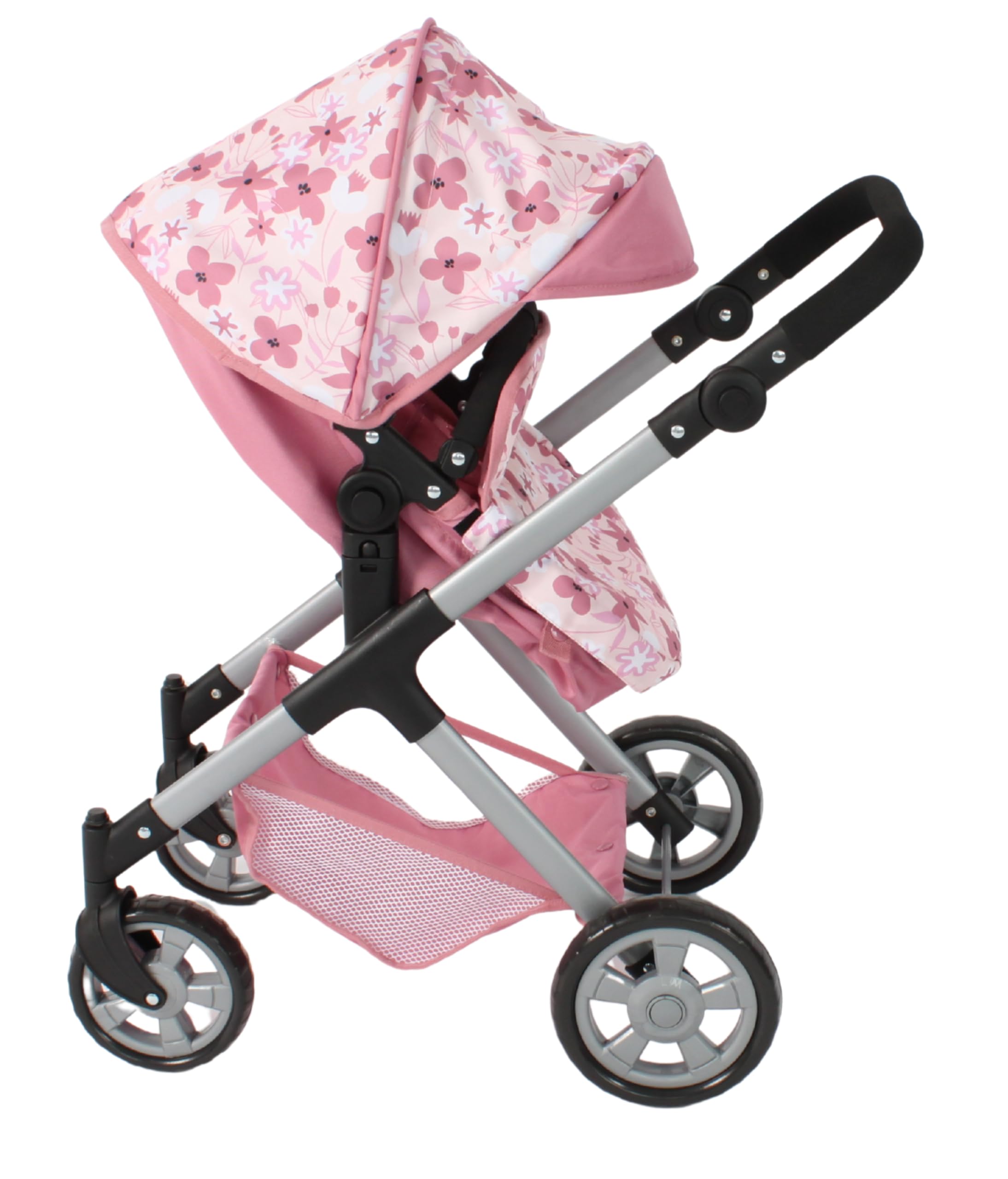 Bayer Chic 2000® 2 w 1 wózek dla lalek Mila – różowy kwiat – uchwyt z regulacją wysokości 39-72 cm – nowoczesny stelaż – lalki do 50 cm – 3-7 J.