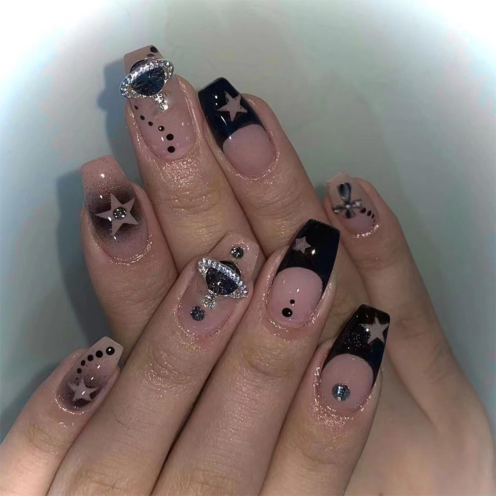 MERVF Coffin Press on Nails Medium Fake Nails Black French Tip Ballerina Acrylic Nail with Planet Rhinestones Designs Goth Star Glue ons 24pcs Glossy