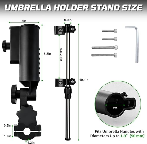 Miniatura 9 de iLSKW Soporte de paraguas para carrito de golf resistente, diseño resistente al viento, base de aleación de aluminio con ajuste de 180 grados,