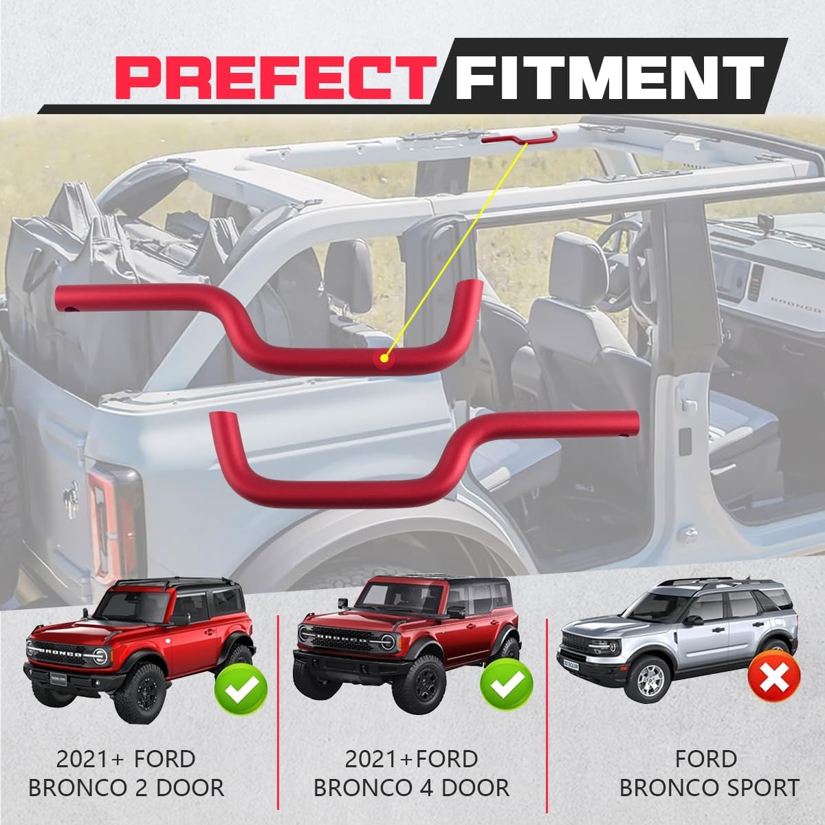 Front Roll Bar Grab Handles Aluminum Alloy Grip Handle Compatible with Ford Bronco 2021 2022 2023 2024 Front Seat 2/4 Door, Sturdy and Durable Grip Handles（Red 2PCS）