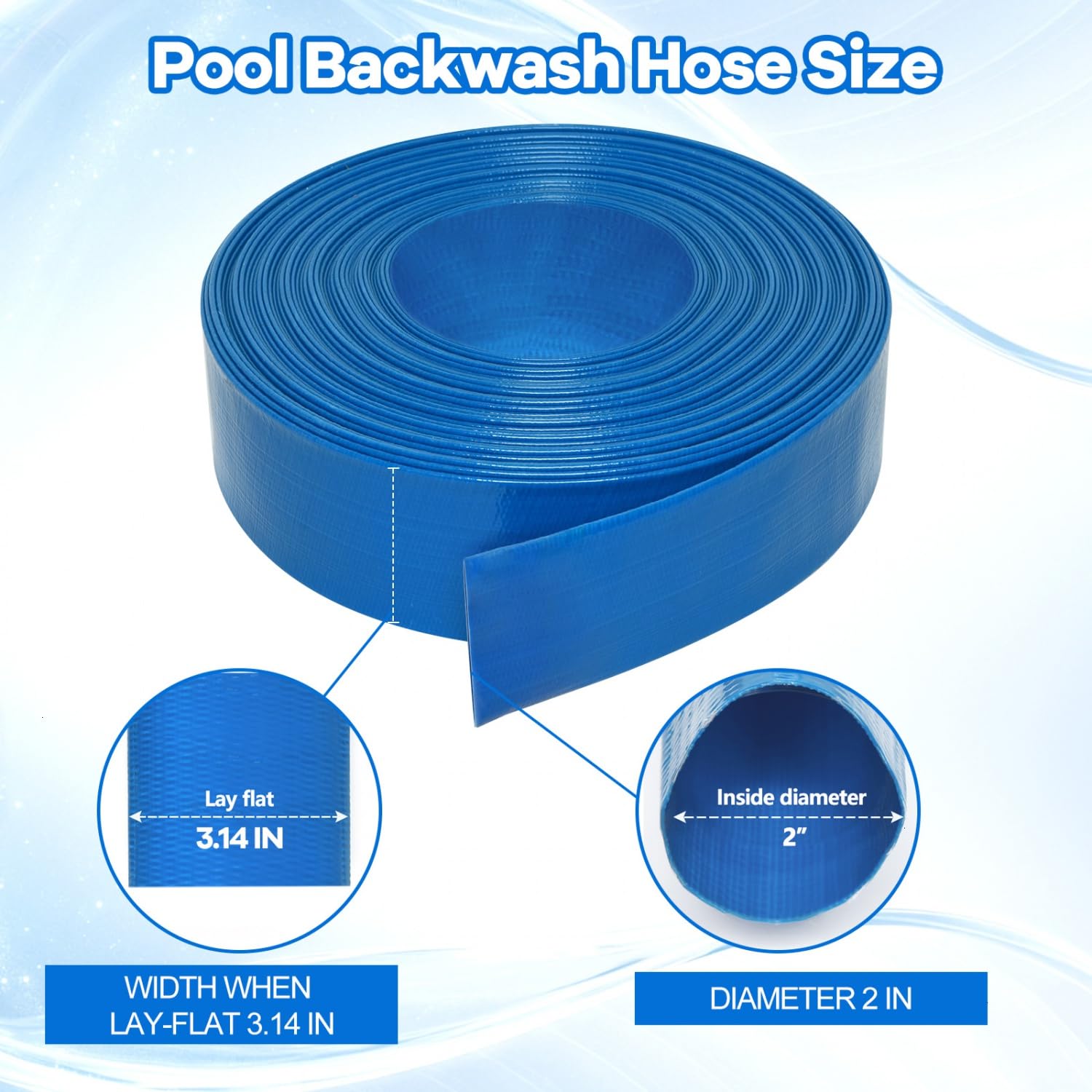 Tubo flessibile di risucchio per piscina in PVC resistente, 5 cm x 50 m, tubo di scarico rinforzato con morsetto per piscine, blu