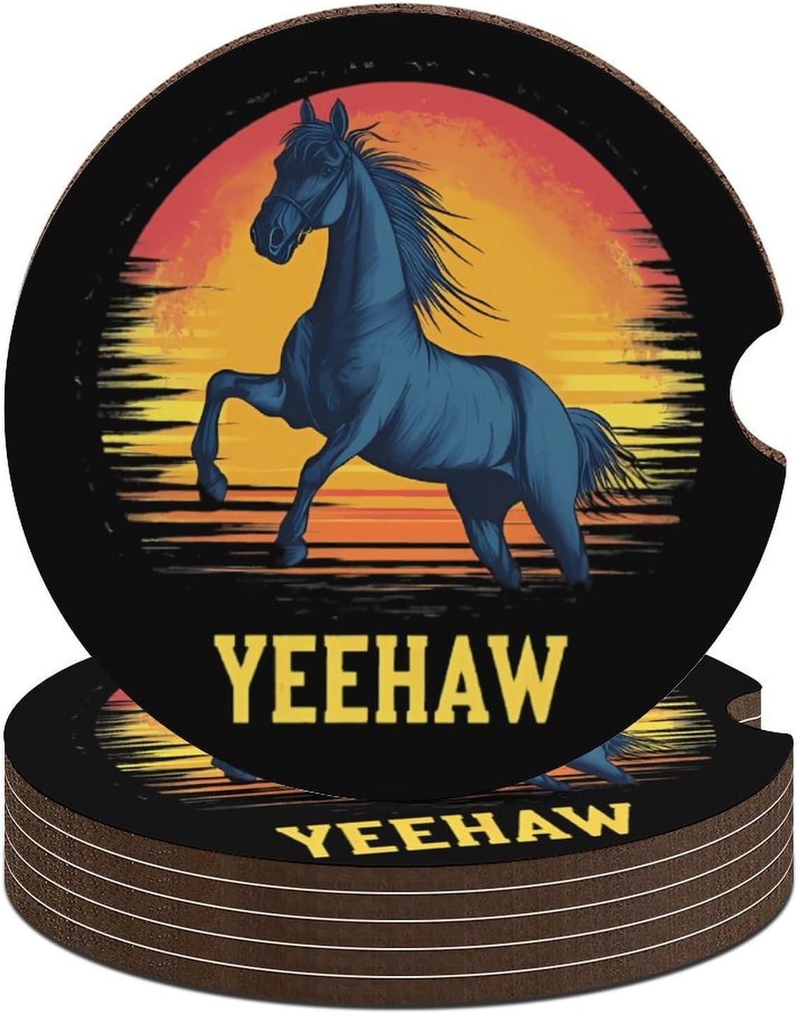 Vintage Yeehaw Horse Cute Car Coasters 2.56 Inch Absorbent Cup Holder for Drinks Auto Interior Accessories