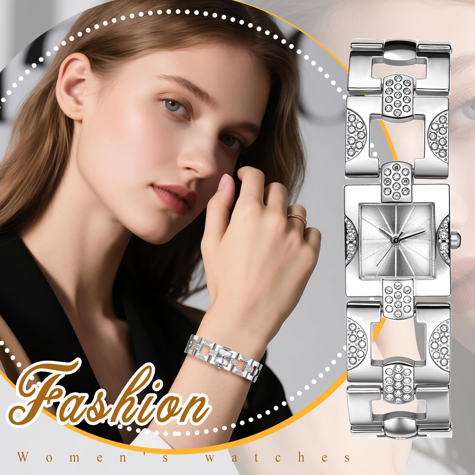 JewelryWe Zegarek damski, małe kwadratowe zegarki: 3 sztuki brokatowych strasów, analogowy zegarek na rękę, kwarcowy, metalowy, kryształowy, zegarek z kwadratowym cyferblatem, elegancki, luksusowy