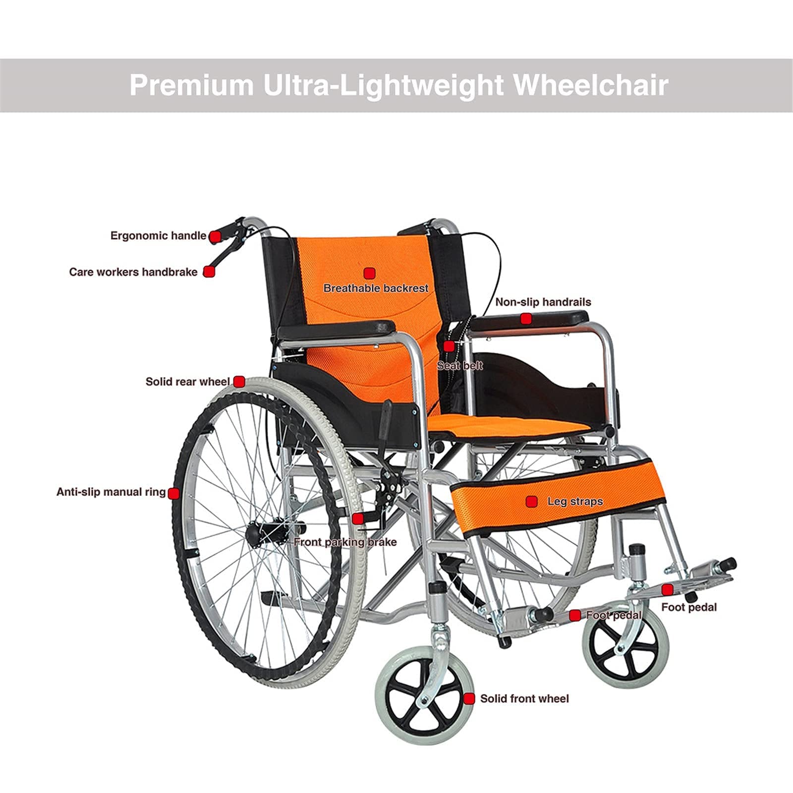 Sillas de Ruedas Silla de Ruedas Plegable, Sistema de Doble Freno Silla de Ruedas Manual de Viaje Ultraligera Plegable Portátil Seguro y Confort para Ancianos, Discapacitados,Orange