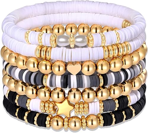 XOCARTIGE Surfer Heishi - Pulseras apilables para mujer, apilables, de vinilo arcoíris, disco de arcilla, pulseras elásticas para la amistad,