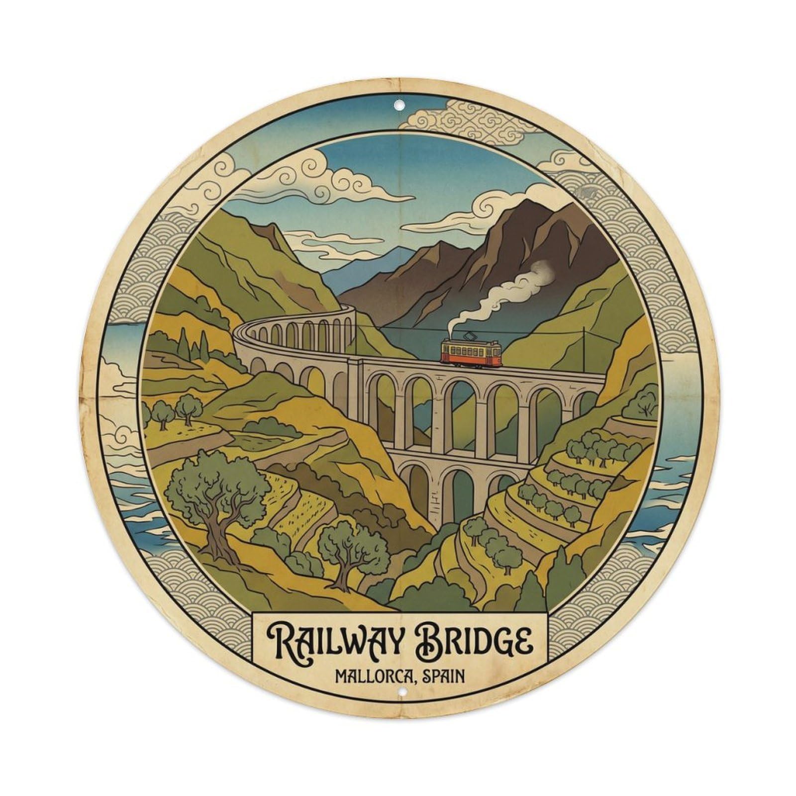 Okahys 8X8inch Classic Style Mallorca Soller Railway Bridge Travel Mountain Journey Metal Tin Sign