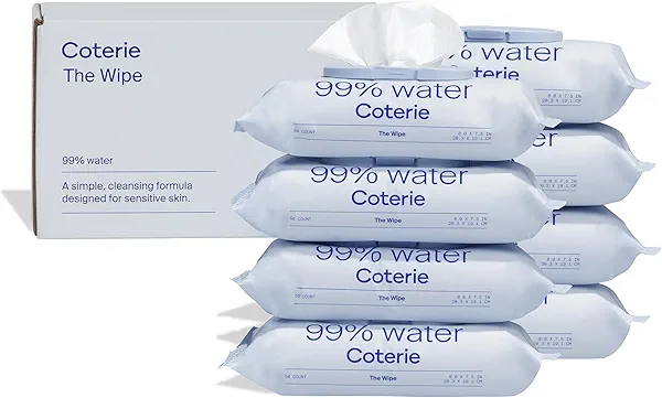 Coterie Baby Wipes for Sensitive Skin, Plant-Based and Plastic-Free Fibers, 99% Water, Hypoallergenic, pH Balanced, Unscented, Clean and Gentle Baby Essentials, 8 Pack, 448 Count