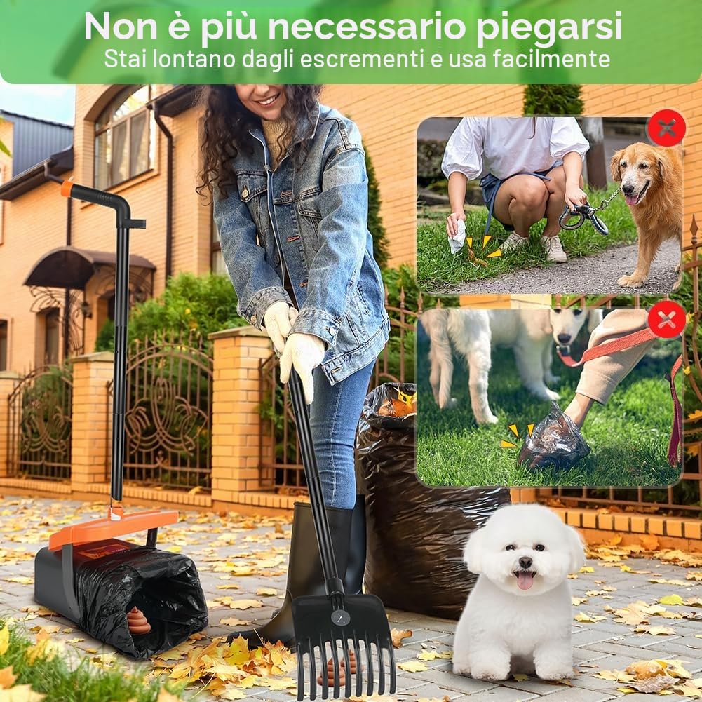 Paletta Raccogli Cacca Cani, 46" Telescopico Paletta Raccogli Cacca Cane Set, Pattumiera Girevole con rastrello, Paletta Raccogli Feci per Cani con Manico Lungo per Giardino Ghiaia