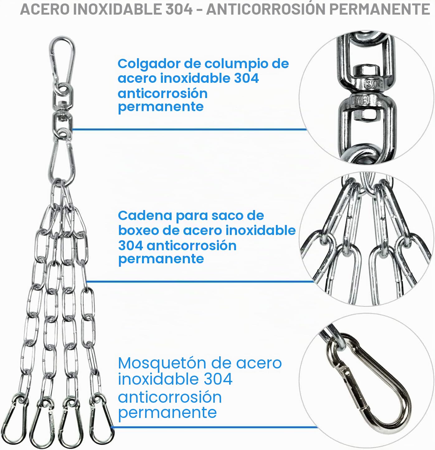 Yes4All Cadena para Saco de Boxeo con 4 Cierres, Acero Inoxidable, 360° Rotación, Soporta 68kg/156lbs