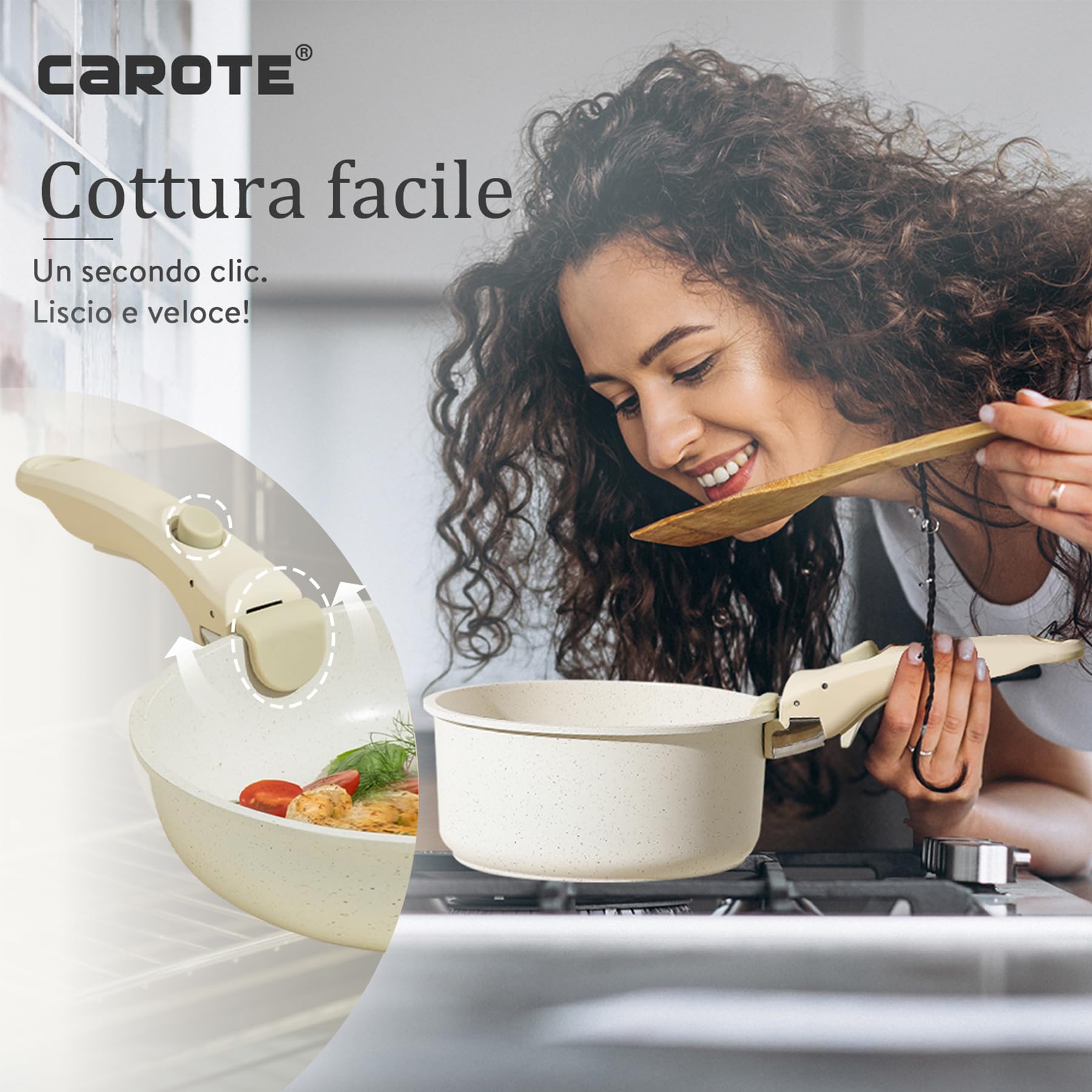 CAROTE Essential Batteria di Pentole 11 Pezzi, Manici Amovibili Padella con Casseruola Fonda, Padella, Tegame, Wok, Coperchi, Antiaderenti per Induzione,Lavastoviglie, Gas e Forno