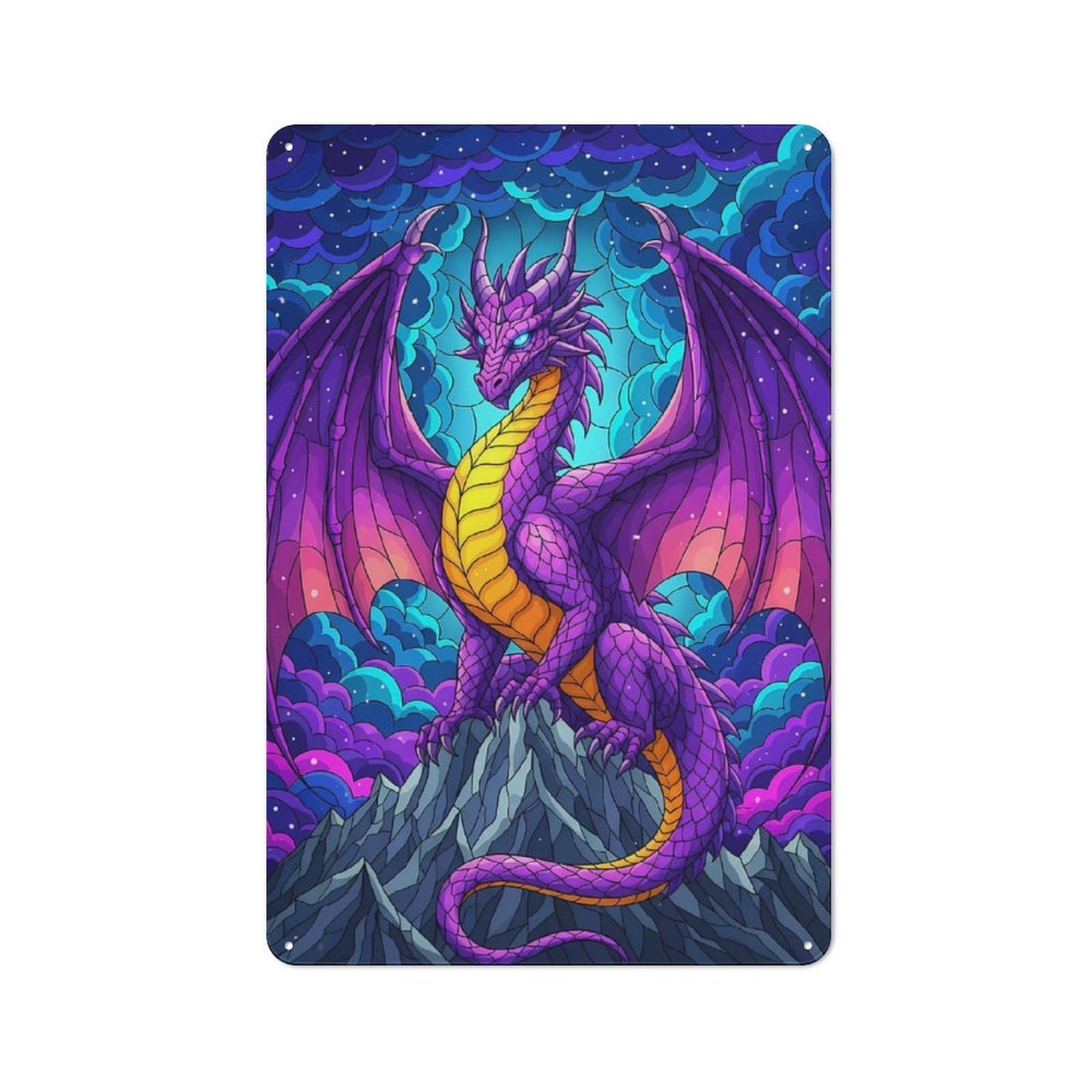 Junmoney Purple Dragon On Mountain Peak Tin Wall Plaque 30X20cm With For Guest Room Or Hallway, For Hallway Wall Decor Fans