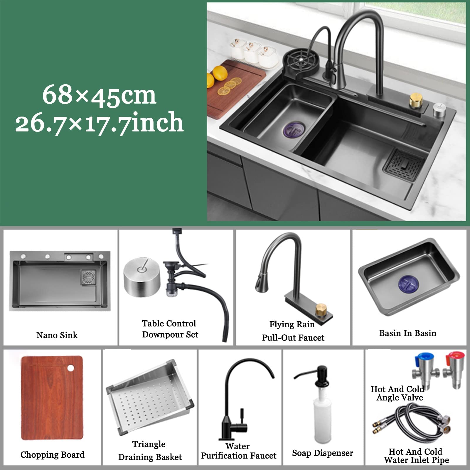 Fregadero De La Cocina De La Cascada, Fregadero De La Utilidad del Acero Inoxidable 304, con El Grifo Extraíble, Instalación De La Caída O del Undermount De La Lavadora De La Taza (Color : Black-Grey
