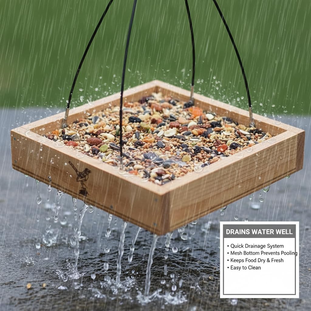 Cedar Wood Platform Tray Bird Feeder 12” - Hanging Bird Feeder for Outside Outdoor - Stainless Steel Cable Mesh Base - Weather Proof Birdfeeder for 10 Years - Longtime Outdoor Lasting Heavy Duty