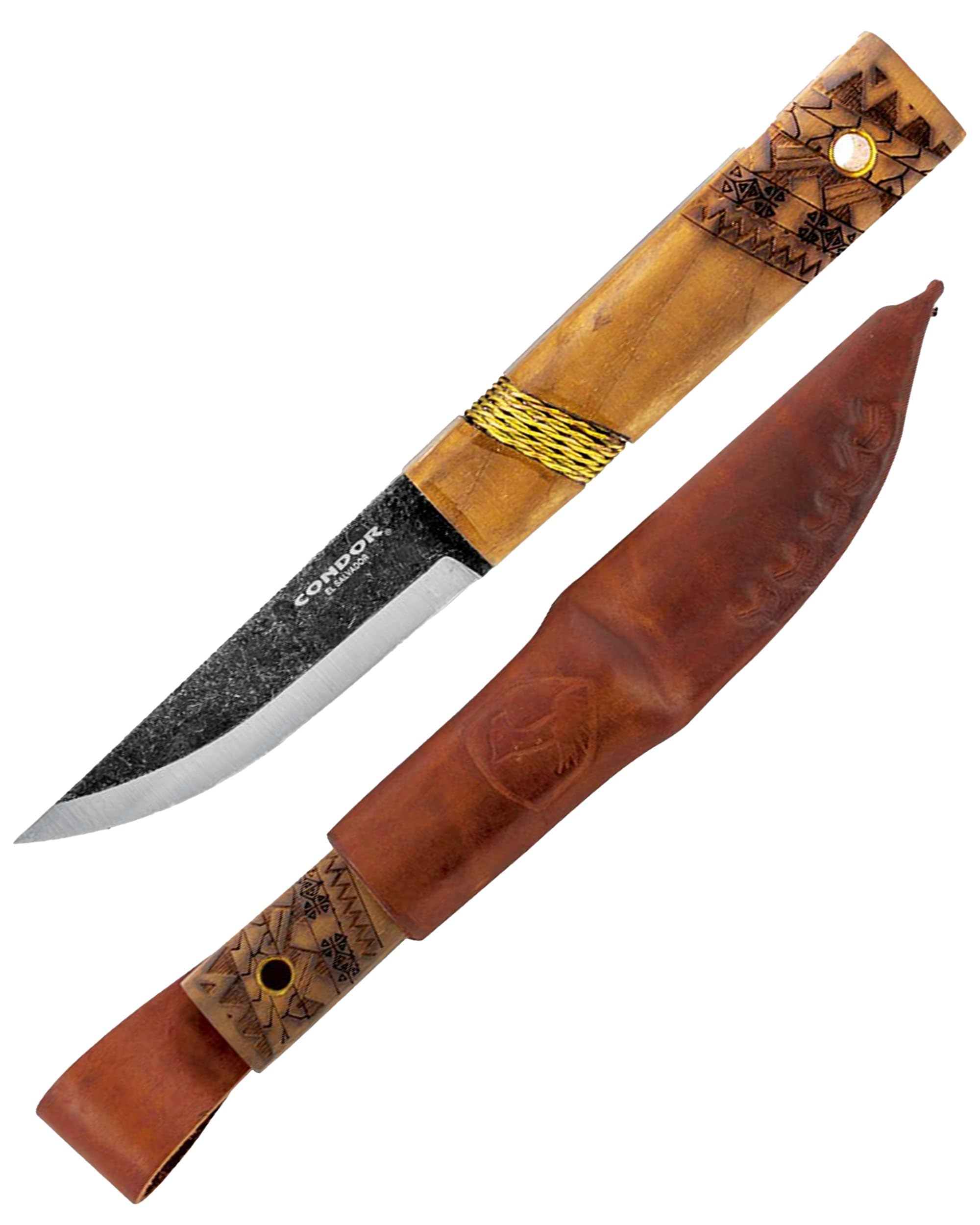 Condor Tool & Knife Indigenous Puukko Knife - 1095 High Carbon Steel - Hand Crafted Welted Leather Sheath - Polynesian and Sami Designed Walnut Handle - 3.9in Blade - 4.6oz (3mm)